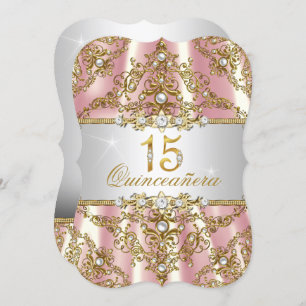 Elegant Pink Gold Pearl Damask Quinceanera Invitation