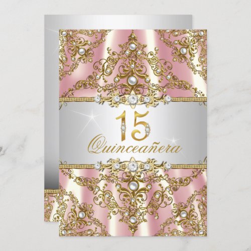 Elegant Pink Gold Pearl Damask Quinceanera Invite