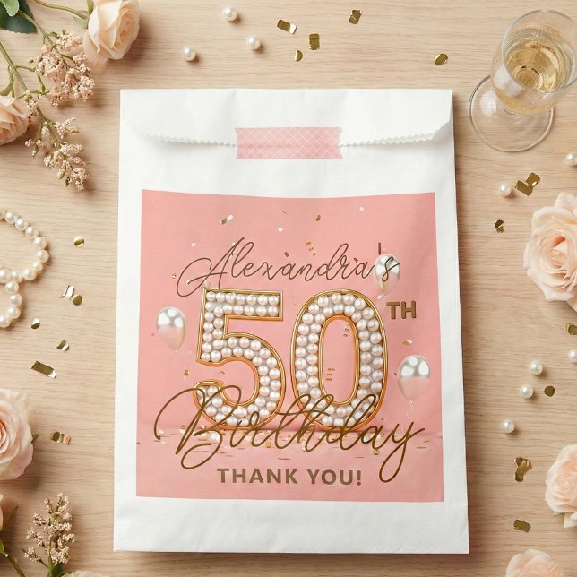 Elegant Pink Gold Pearls 50th Birthday Party Favor Bag (Creator Uploaded)