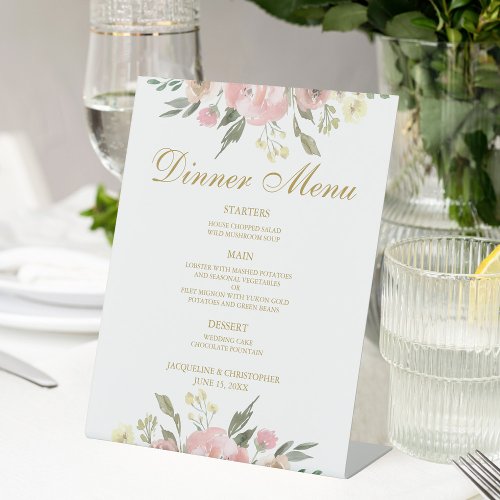 Elegant Pink Gold Peony Floral Wedding Dinner Pedestal Sign