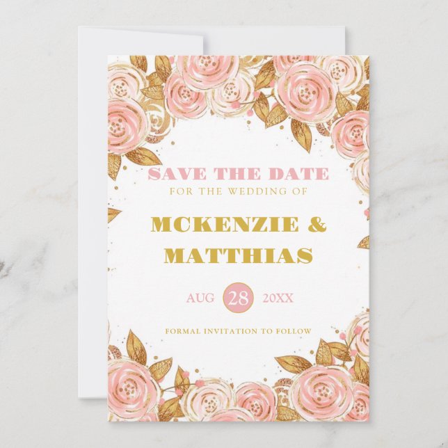 Elegant Pink Gold Peony Floral Wedding Save The Date (Front)