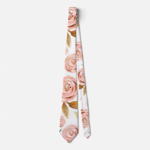 Elegant Pink Gold Peony Groom Wedding Neck Tie