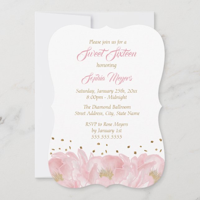 Elegant Pink Gold Peony Sweet Sixteen Invitation (Front)