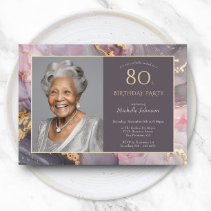 Elegant Pink Gold Photo 80th Birthday Invitation