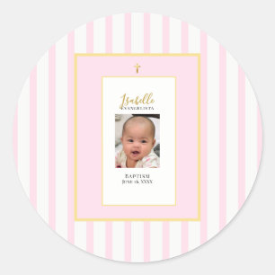 Elegant Pink Gold Photo Baptism Classic Round Sticker