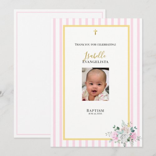 Elegant Pink Gold Photo Baptism Thank You Card