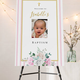 Elegant Pink Gold Photo Baptism Welcome Sign