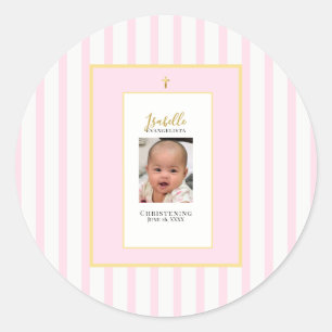 Elegant Pink Gold Photo Christening Classic Round Sticker