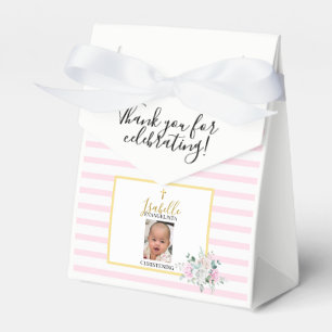 Elegant Pink Gold Photo Christening Favor Boxes