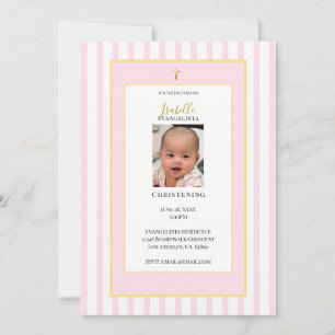 Elegant Pink Gold Photo Christening Invitation