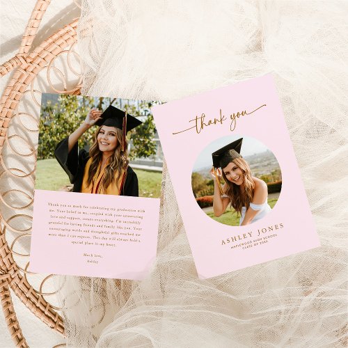 Elegant Pink  Gold Photo Graduation Party Thank You Card