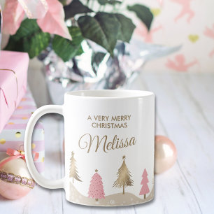 Elegant Pink Gold Pine Tree Merry Christmas Coffee Mug