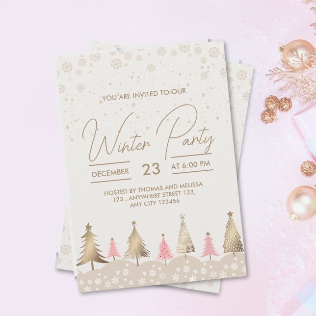 Elegant Pink Gold Pine Tree Winter Party Invitation (Creator Uploaded)