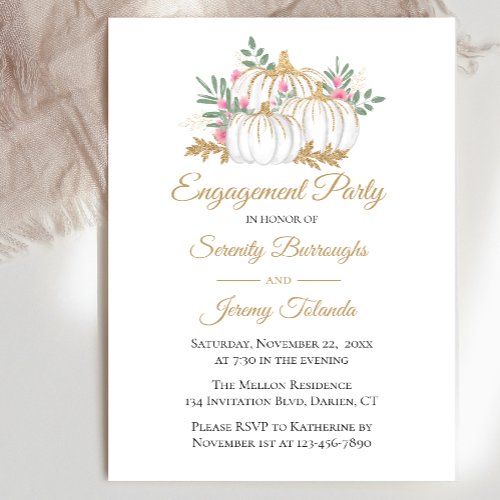 Elegant Pink Gold Pumpkins Fall Engagement Party Invitation