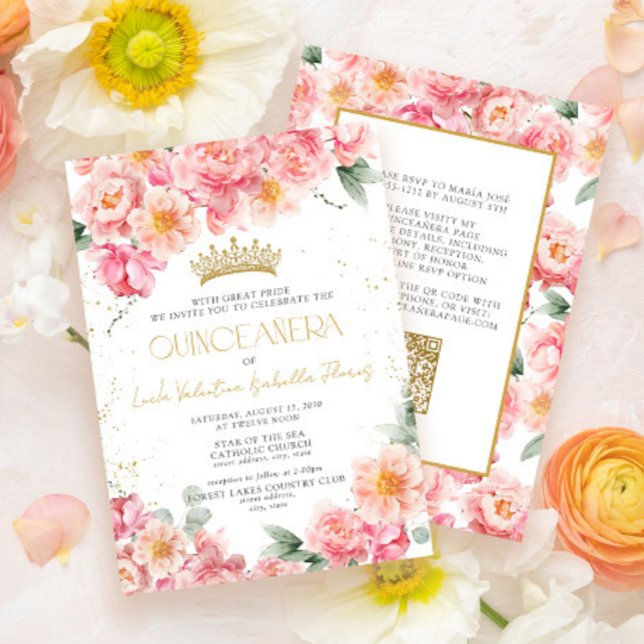 Elegant Pink Gold QR Code Floral Quinceañera Invitation (Creator Uploaded)