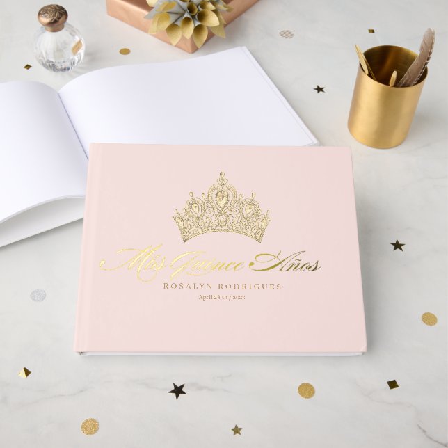 Elegant Pink Gold Quinceanera  Foil Guest Book (Front Open)