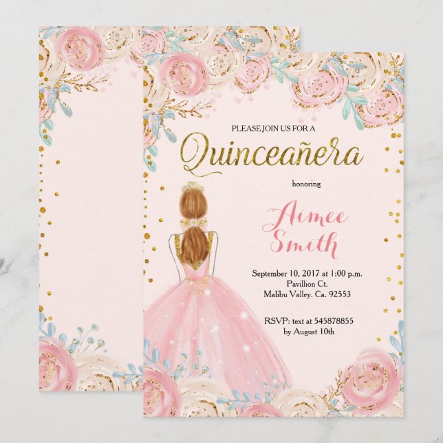 Elegant Pink Gold Quinceanera Invitation (Front/Back)