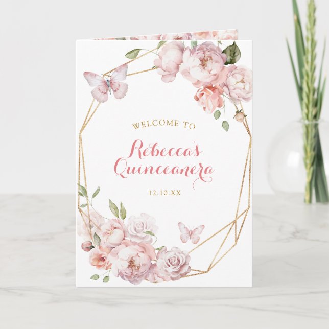 Elegant Pink Gold Quinceañera Program Template (Front)