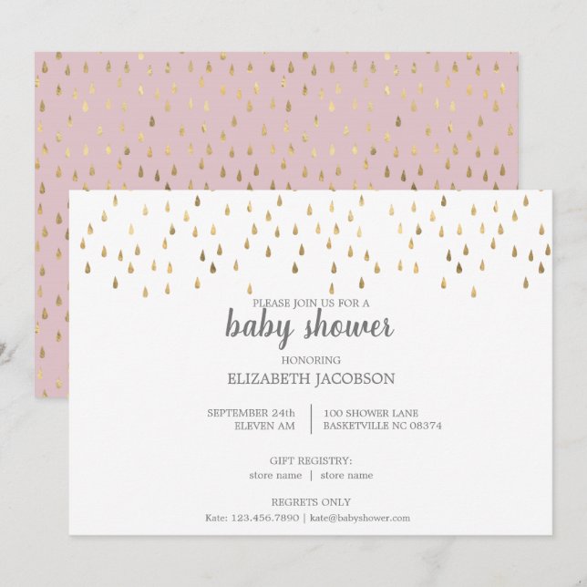 Elegant Pink & Gold Raindrops Baby Shower Invitation (Front/Back)