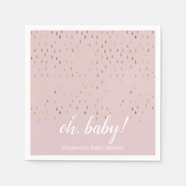 Elegant Pink & Gold Raindrops Baby Shower Napkins (Front)