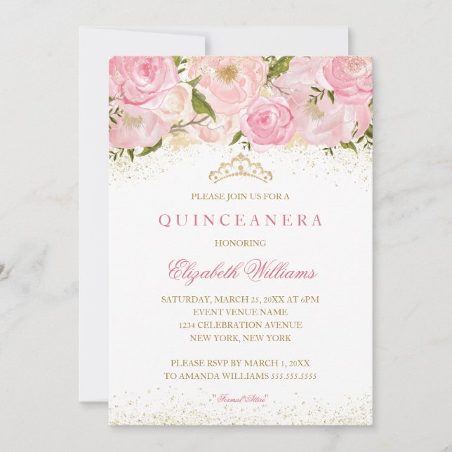 Elegant Pink Gold Rose Quinceanera Invitation (Front)