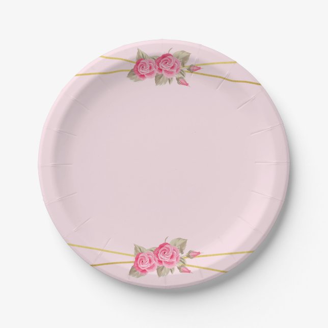 Elegant Pink & Gold Roses Baby Shower Paper Plates (Front)