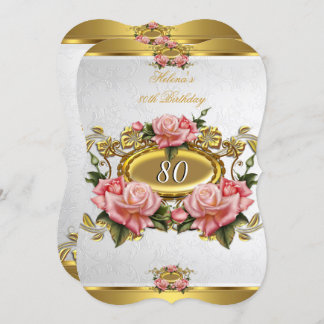 Elegant Pink Gold Roses White 80th Birthday 2 Invitation