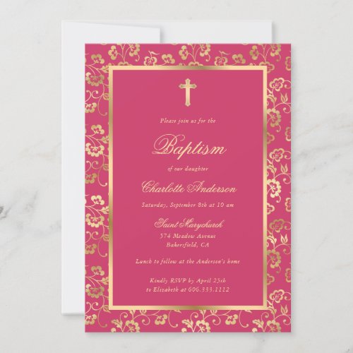 Elegant Pink Gold Script Floral Girl Baptism Invitation