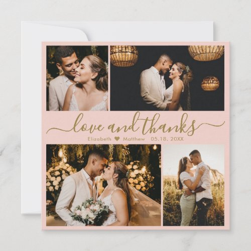 Elegant Pink Gold Script Photo Collage Wedding Thank You Card