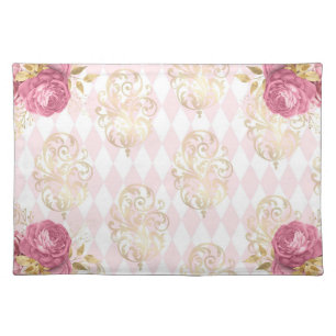 Elegant Pink & Gold Scroll Cloth Placemats