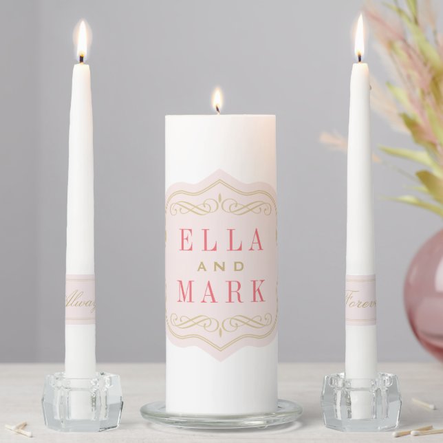 Elegant Pink Gold Scrollwork Wedding Monogram Unity Candle Set (In Situ)