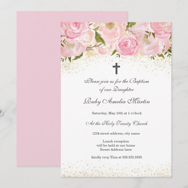 Elegant Pink Gold Sparkle Rose Baptism Invitation (Front/Back)