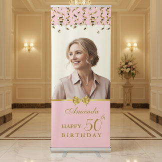 Elegant Pink & Gold Surprise Birthday Party Photo Retractable Banner