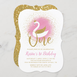 Elegant Pink Gold Swan Princess Girl 1st Birthday Invitation