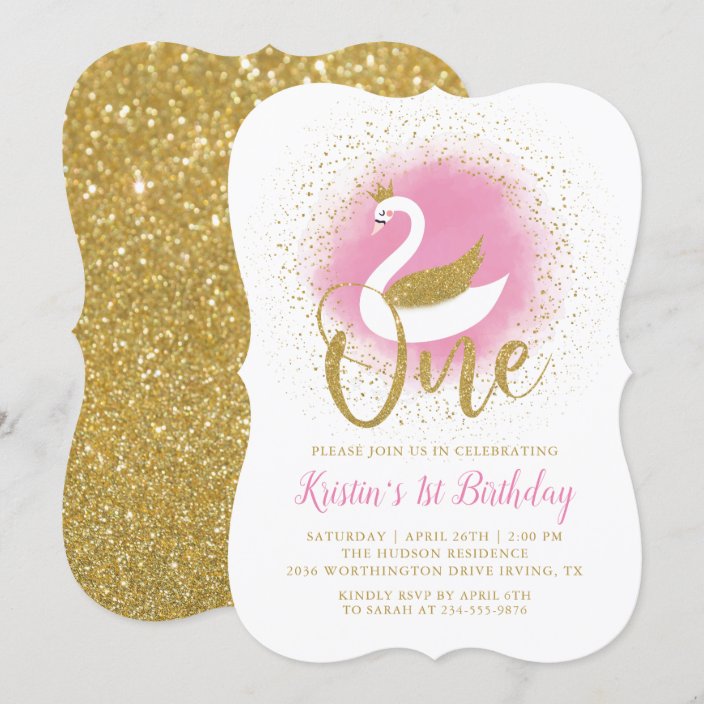 Elegant Pink Gold Swan Princess Girl 1st Birthday