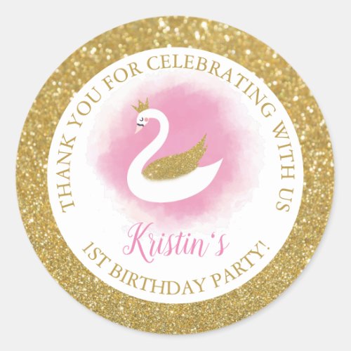 Elegant Pink Gold Swan Princess Girl Birthday Classic Round Sticker