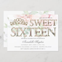 Elegant Pink Gold Tiara Floral Sweet 16 Invitation