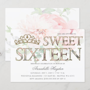 Elegant Pink Gold Tiara Floral Sweet 16 Invitation