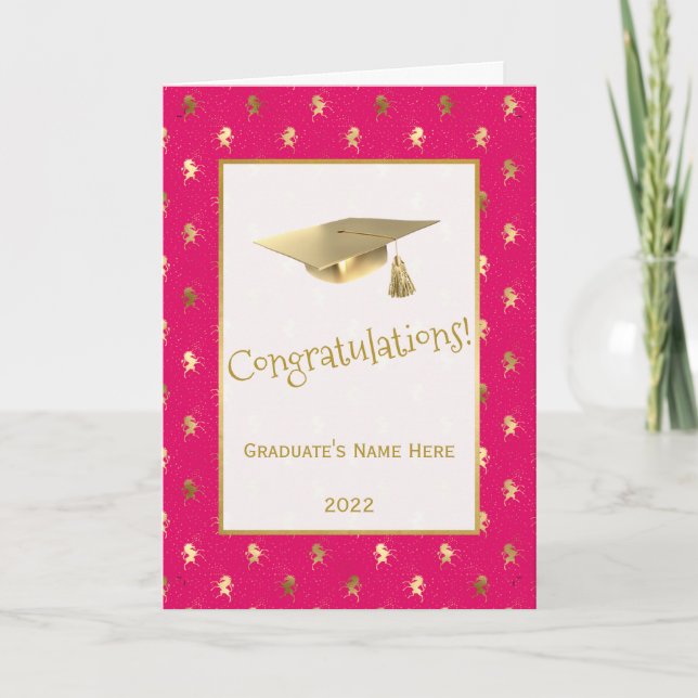 Elegant Pink Gold Unicorns Graduation Card (Front)