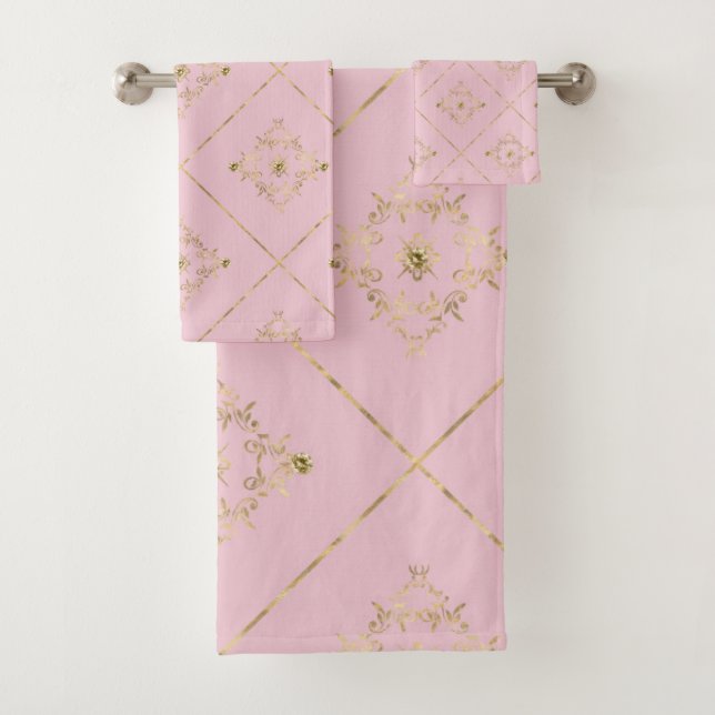 ELEGANT PINK GOLD VICTORIAN BATHROOM TOWEL SET (Insitu)