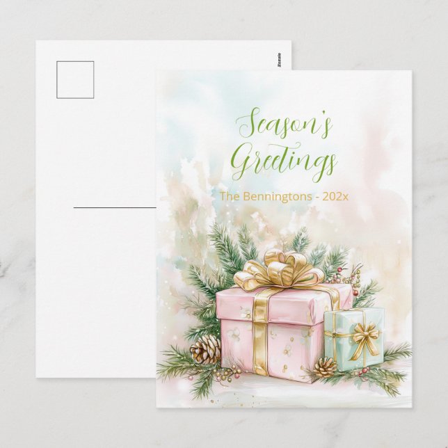 Elegant Pink Gold Vintage Christmas Postcard (Front/Back)
