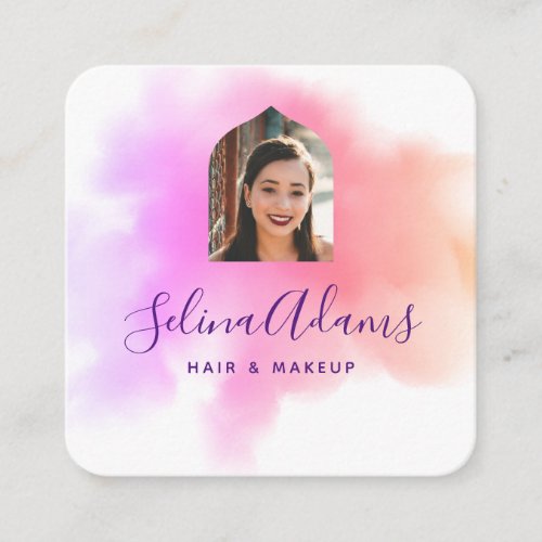 Elegant Pink Gold Watercolor Photo Abstract Square Business Card