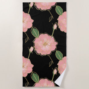 Elegant Pink & Gold Watercolor Roses Black Design Beach Towel