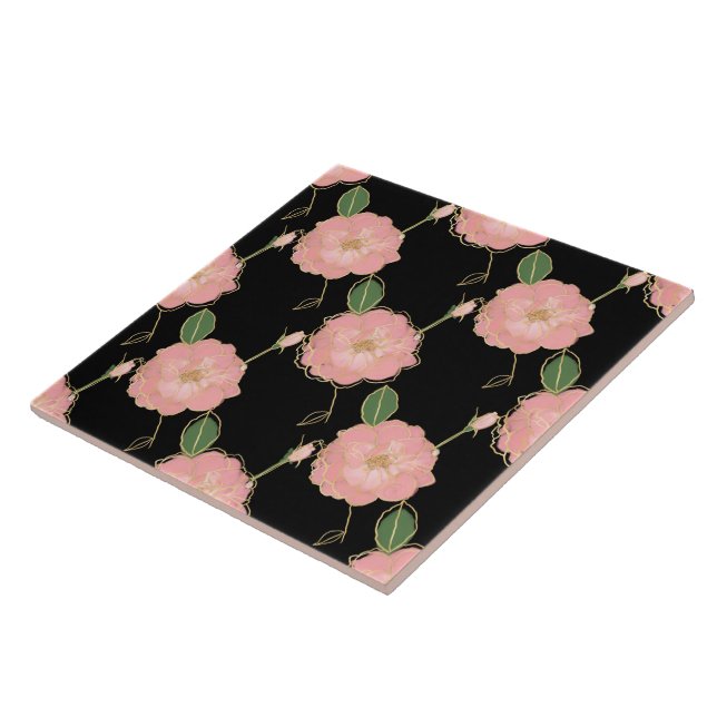 Elegant Pink & Gold Watercolor Roses Black Design Ceramic Tile (Side)