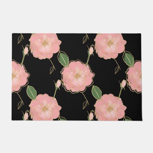 Elegant Pink  Gold Watercolor Roses Black Design Doormat