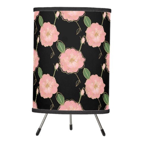 Elegant Pink  Gold Watercolor Roses Black Design Tripod Lamp