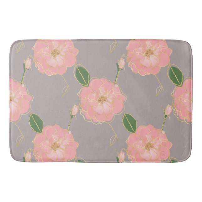 Elegant Pink & Gold Watercolor Roses Gray Design Bath Mat (Front)