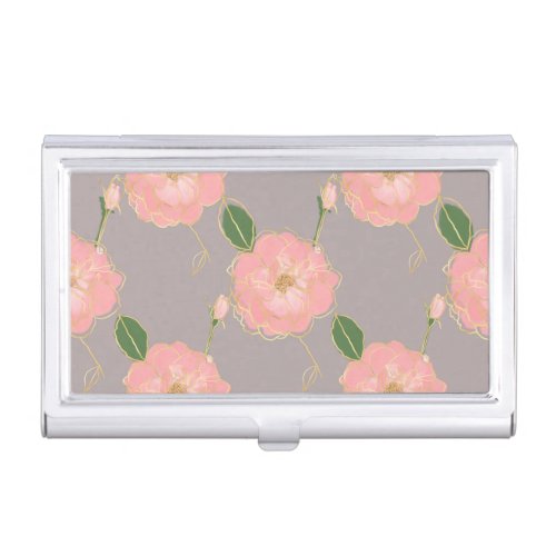 Elegant Pink  Gold Watercolor Roses Gray Design Business Card Case
