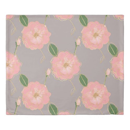 Elegant Pink  Gold Watercolor Roses Gray Design Duvet Cover