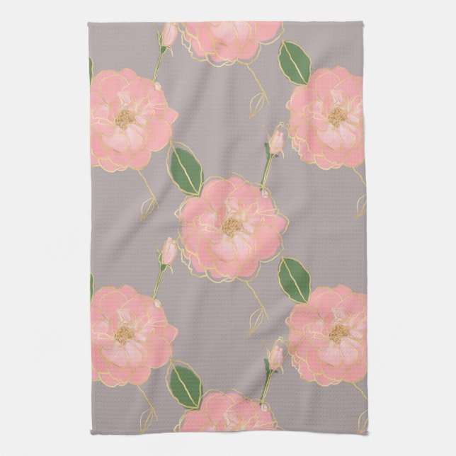 Elegant Pink & Gold Watercolor Roses Gray Design Kitchen Towel (Vertical)